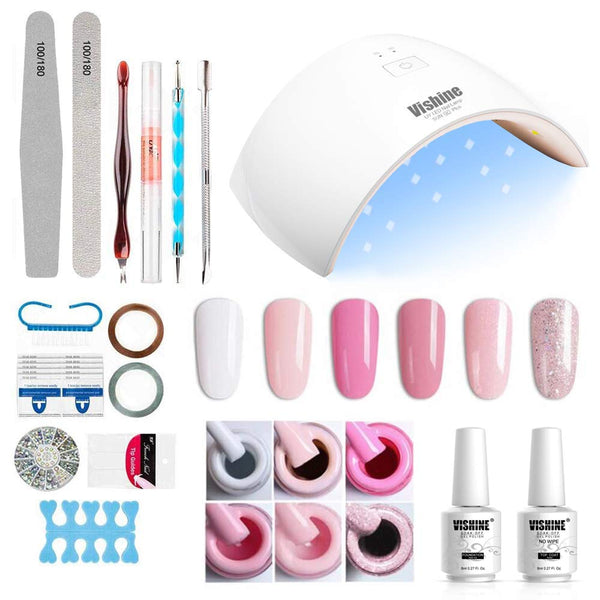 Gel Nail Polish UV LED Light Starter Kit - French Manicure Base Top Coat with Essentials